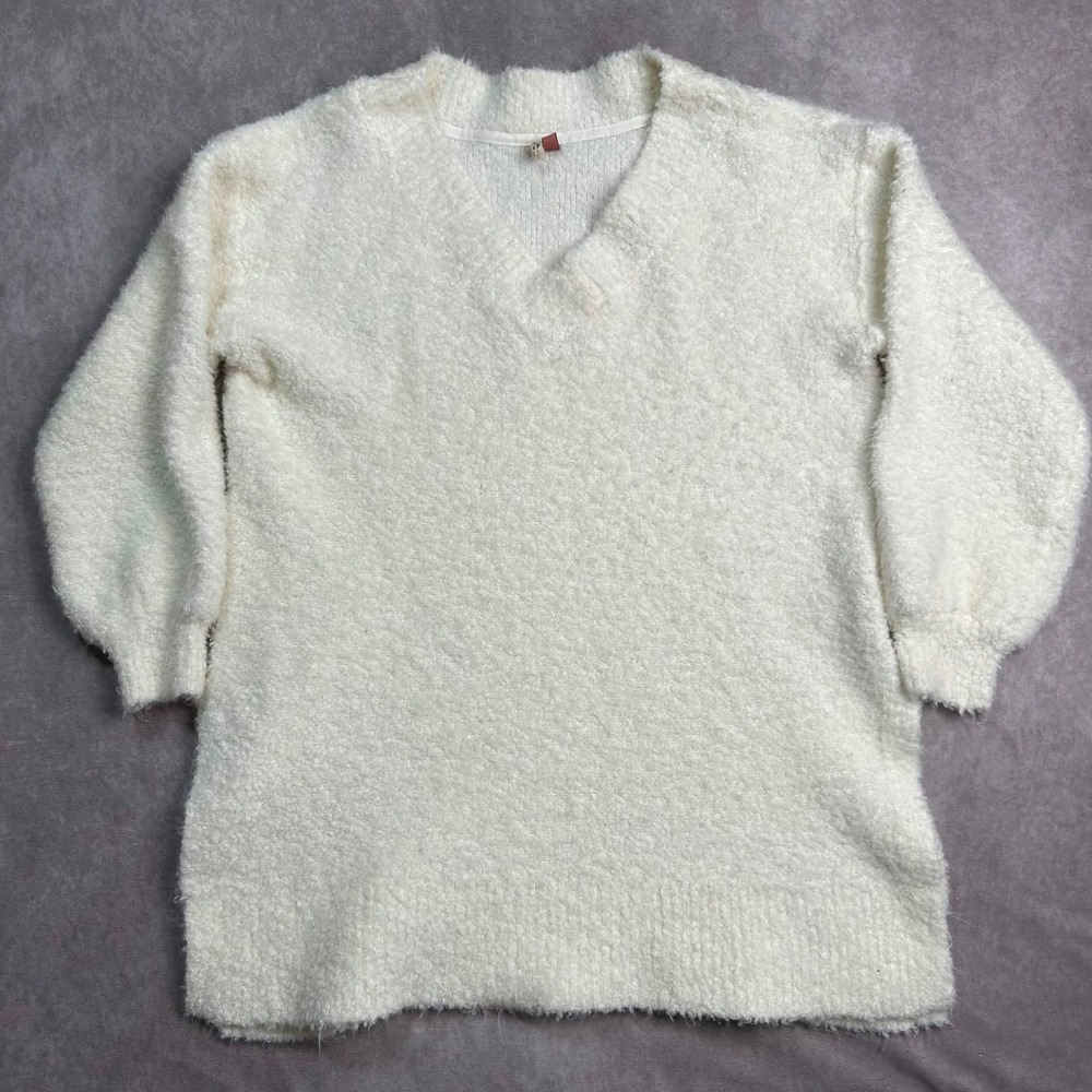 Pilcro Anthropologie Cream Boucle Wool Blend V-Neck Fuzzy Sweater Womens Medium